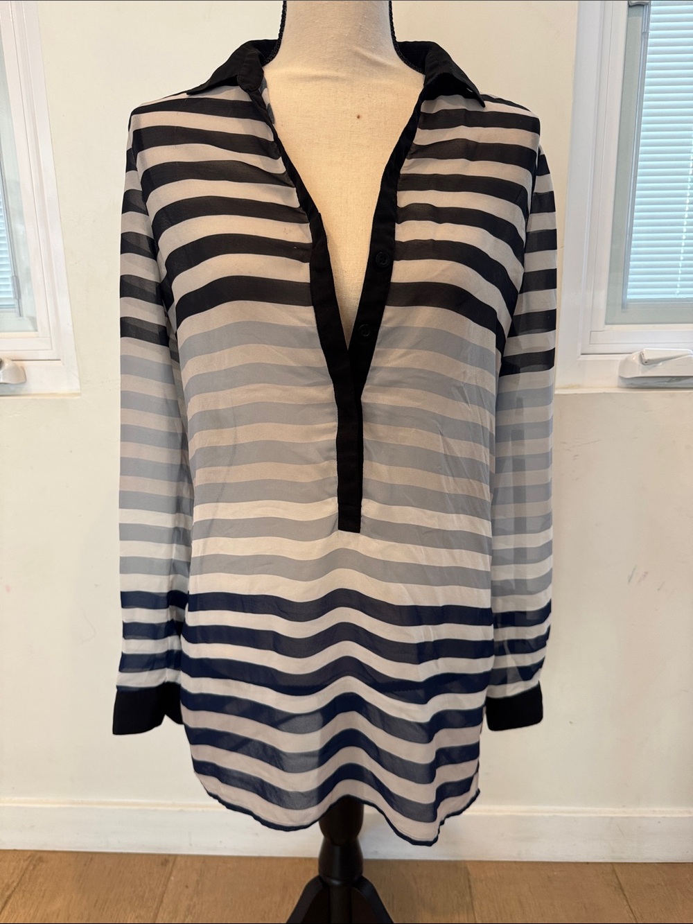 Romeo & Juliet Couture Black and White blue Striped Sheer Tunic long over swim
